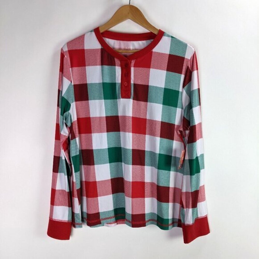 Jaclyn New York Womens Size XL Red Green Plaid Henley Long Sleeve Christmas Top